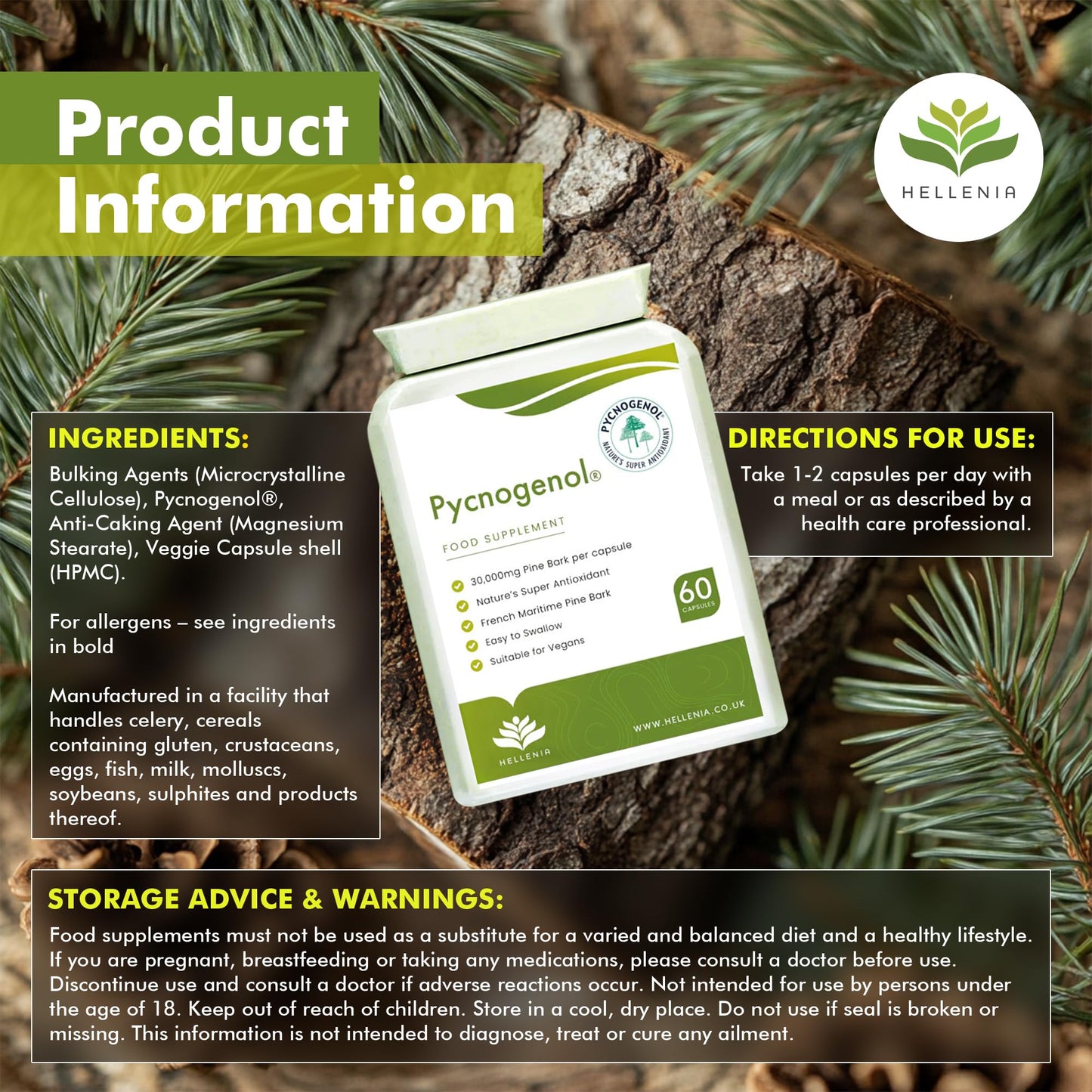 Pycnogenol® French Maritime Pine Bark Extract - 60 Capsules | Providing Naturally Powerful Bioflavonoids | High Bioavailability Pycnogenol | Suitable for Vegans - Made in The UK by Hellenia