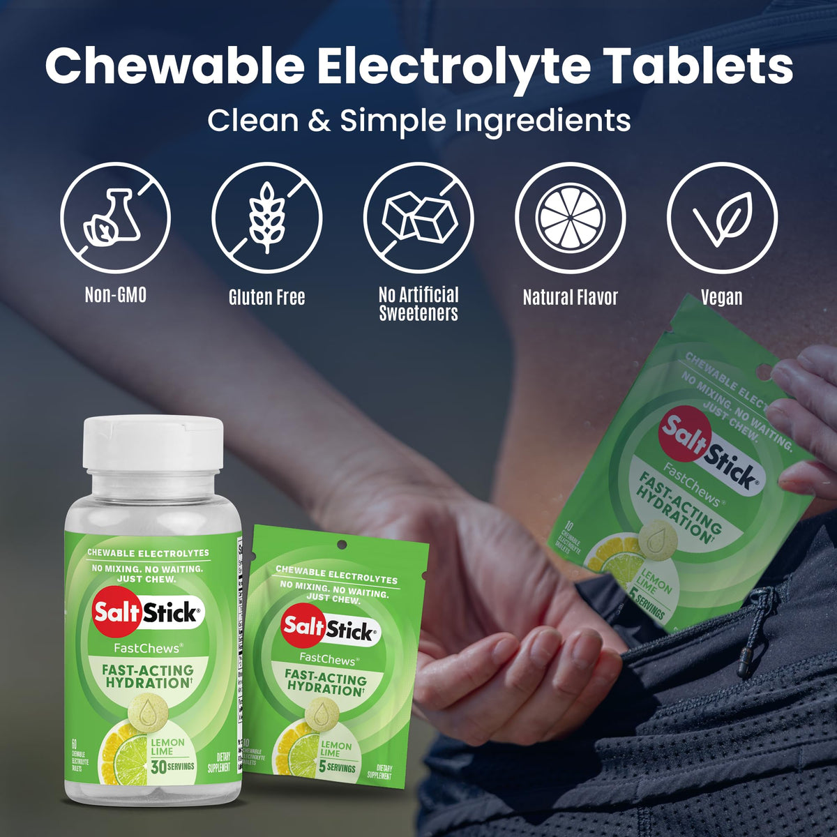 SaltStick Fastchews, Electrolyte Replacement Tablets for Rehydration, Exercise Recovery, Youth & Adult Athletes, Hiking & Sports Recovery, 2 x Packets of 10 Tablets (Lemon Lime)