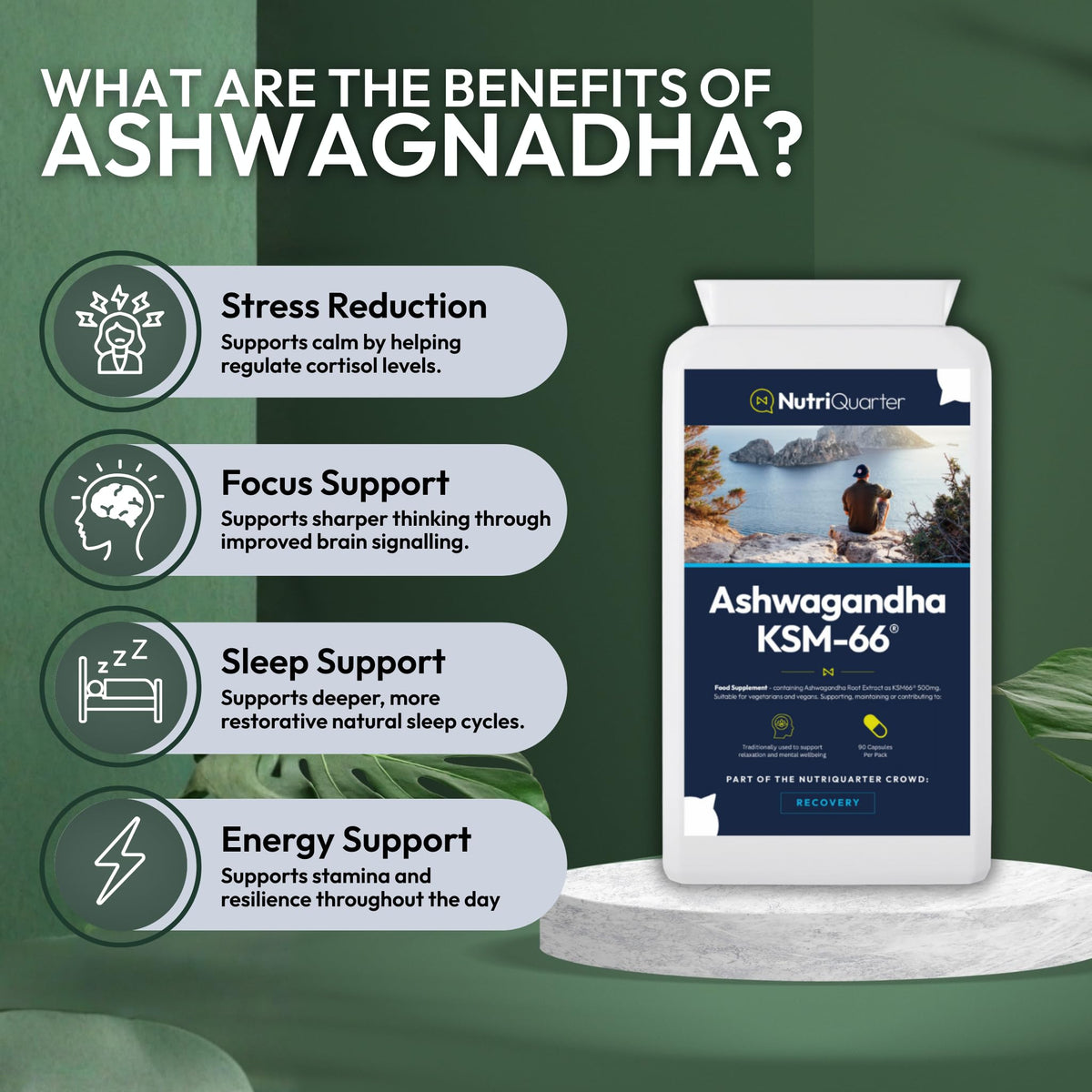 NutriQuarter Ashwagandha KSM-66® 500mg – 90 Vegan Capsules – Full-Spectrum Root Extract