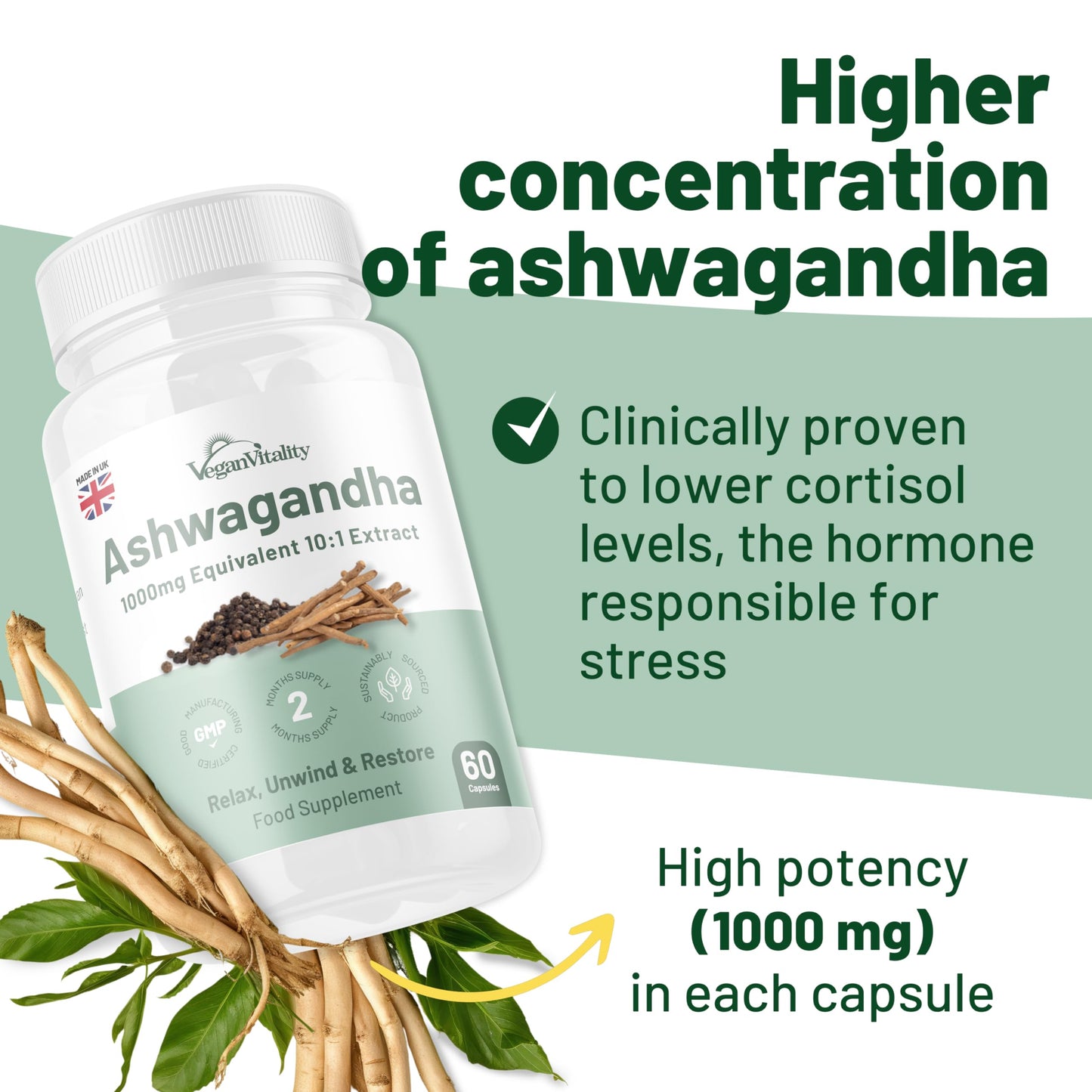 Ashwagandha High Strength - Cortisol Reducing Supplement - Vegan Vitality's Ashwagandha Capsules 1000mg with Black Pepper to Reduce Stress Hormones and Fatigue