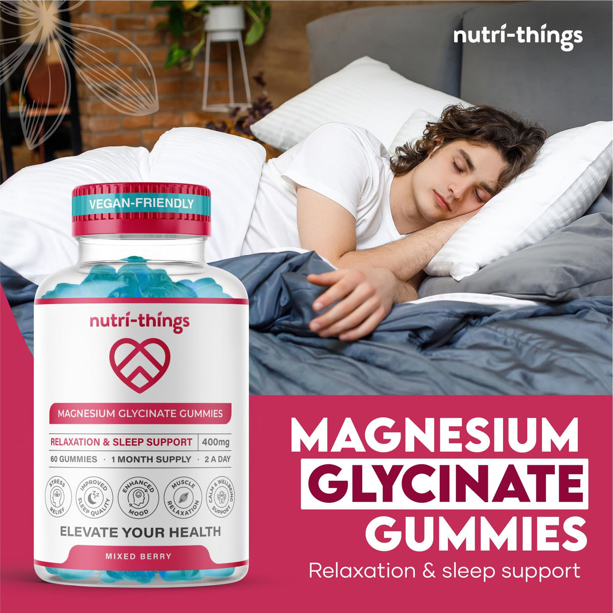 Nutri-things Magnesium Glycinate Gummies Adult - Mixed Berry Flavor, 400mg High Absorption Magnesium Chewable for Stress Relief, Sleep & Muscle Relaxation - Non-GMO, Gluten-Free - 60 Count, 30-Day Supply