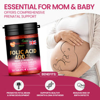 Red Label Health Folic Acid Tablets 400 mcg - 365 Vegan Vitamin B9 Tablets - 1 Year Supply - Pregnancy Care - Normal Function of Immune System & Maternal Tissue Growth During Pregnancy