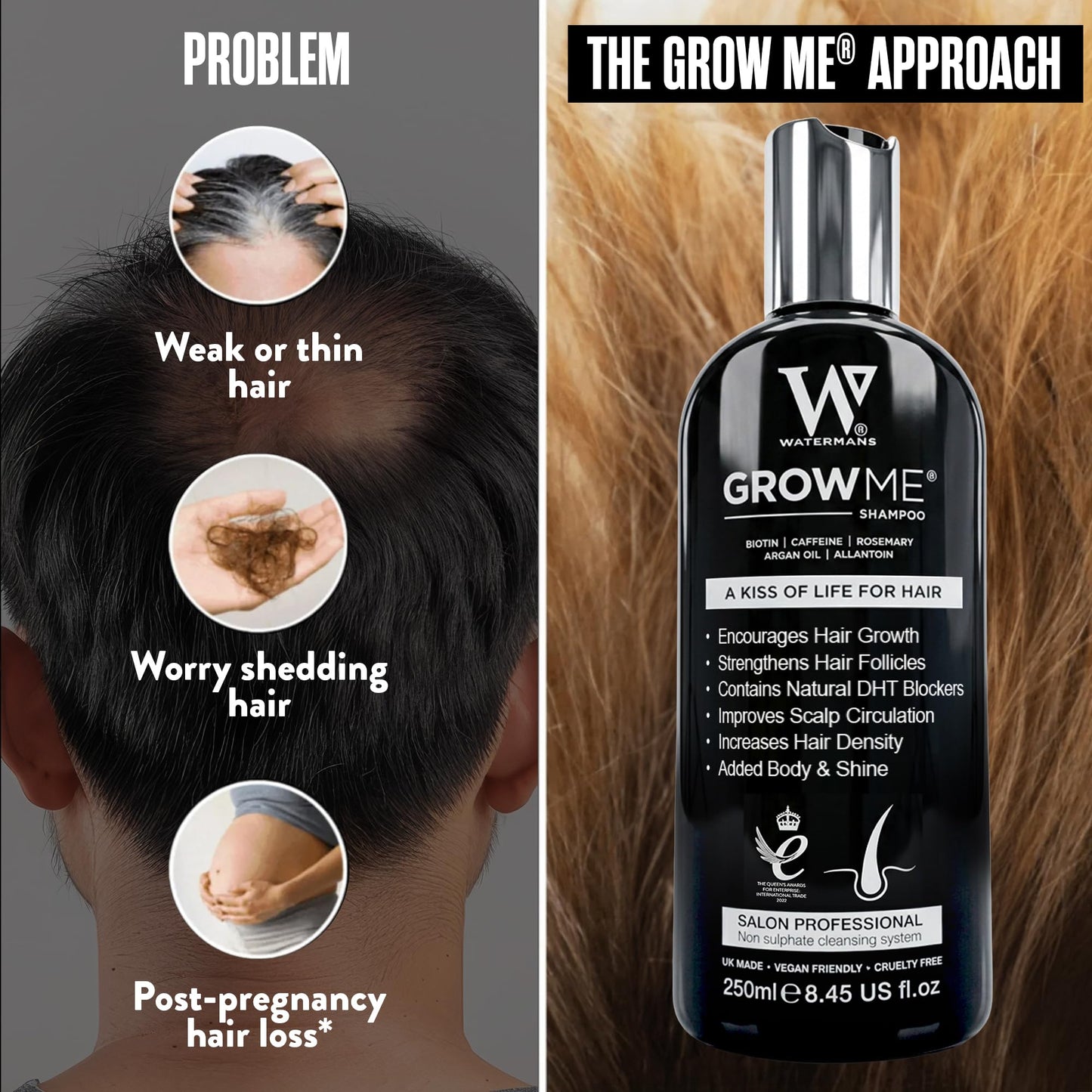 WATERMANS Watermans Grow Me® Hair Growth Shampoo - Not just a Caffeine Shampoo we include Biotin, Argan Oil, Rosemary, Niacinamide. Hair Thickening Treatment for Women & Men with progressed thinning.