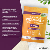 Horbäach Vitamin B12 Tablets High Strength 2000ug | 180 Chewable Tablets | Tropical Fruit Flavour | Sugar Free Vegan Methylcobalamin Supplement | by Horbaach
