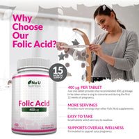 Nu U Nutrition Folic Acid 400 mcg - 450 Vegan Tablets - 15 Month Supply - High Strength Pregnancy Vitamins for Women - Vitamin B9 Supports Maternal Tissue Growth During Pregnancy - Prenatal Vitamins