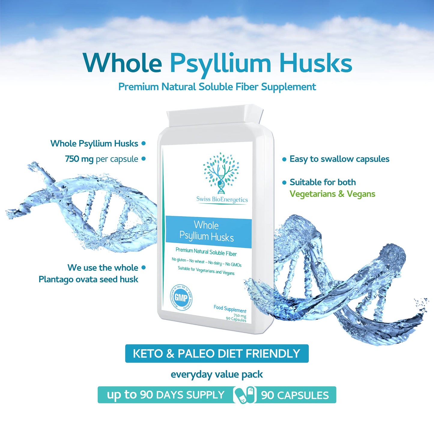 swiss bioenergetics Fibre Supplement 750mg Whole Psyllium Husk (not just Extract) - High Strength Natural Soluble Fiber Supplement from Plantago Ovata Plant Seeds, 90 Psyllium Husks Capsules - Made in UK & Vegan
