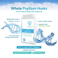 swiss bioenergetics Fibre Supplement 750mg Whole Psyllium Husk (not just Extract) - High Strength Natural Soluble Fiber Supplement from Plantago Ovata Plant Seeds, 90 Psyllium Husks Capsules - Made in UK & Vegan