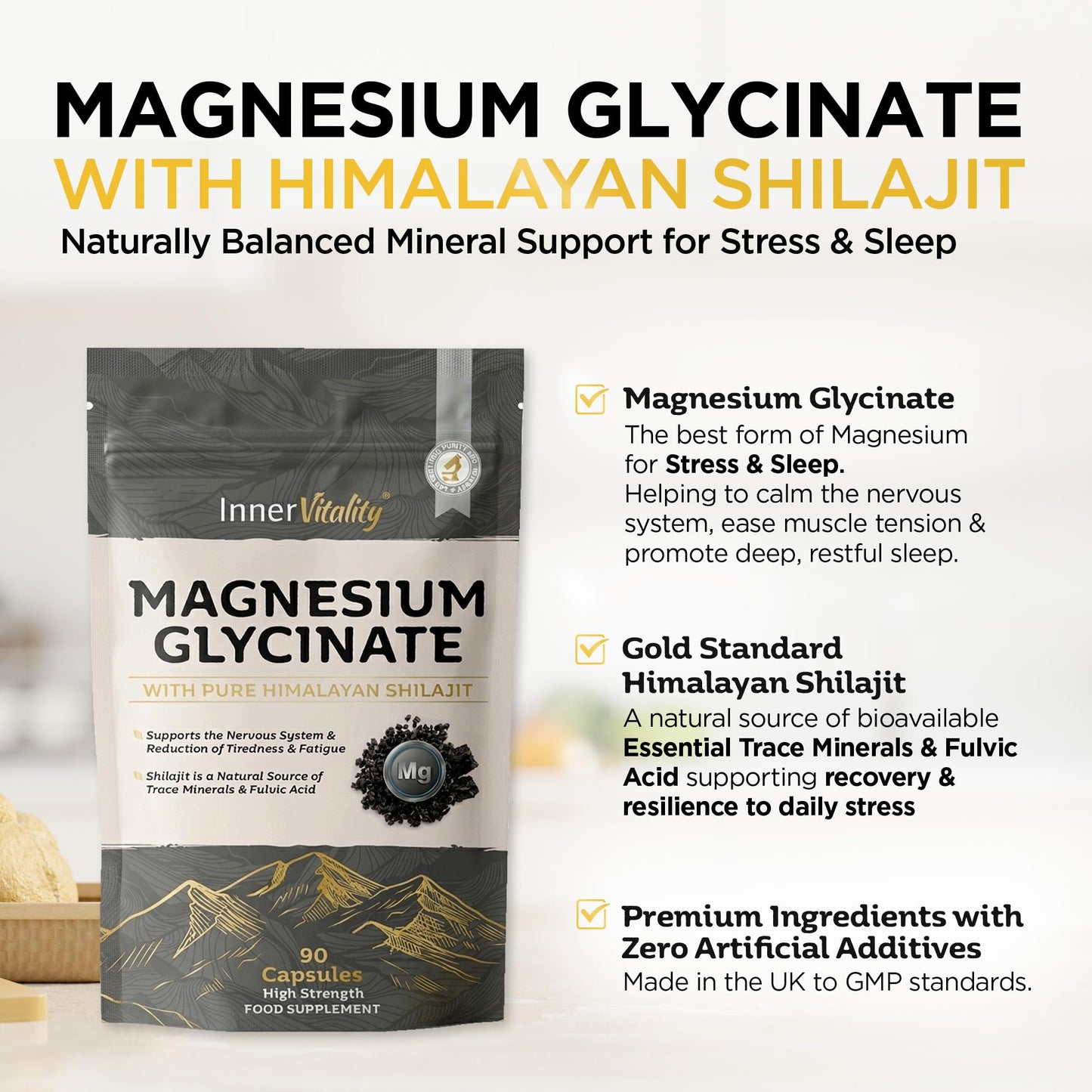 Magnesium Glycinate 2-in-1 with Himalayan Shilajit Minerals for Sleep, Relaxation & Natural Energy, High Strength Supplement - 90 Capsules Fulvic Acid Mineral Support Made in UK by Inner Vitality