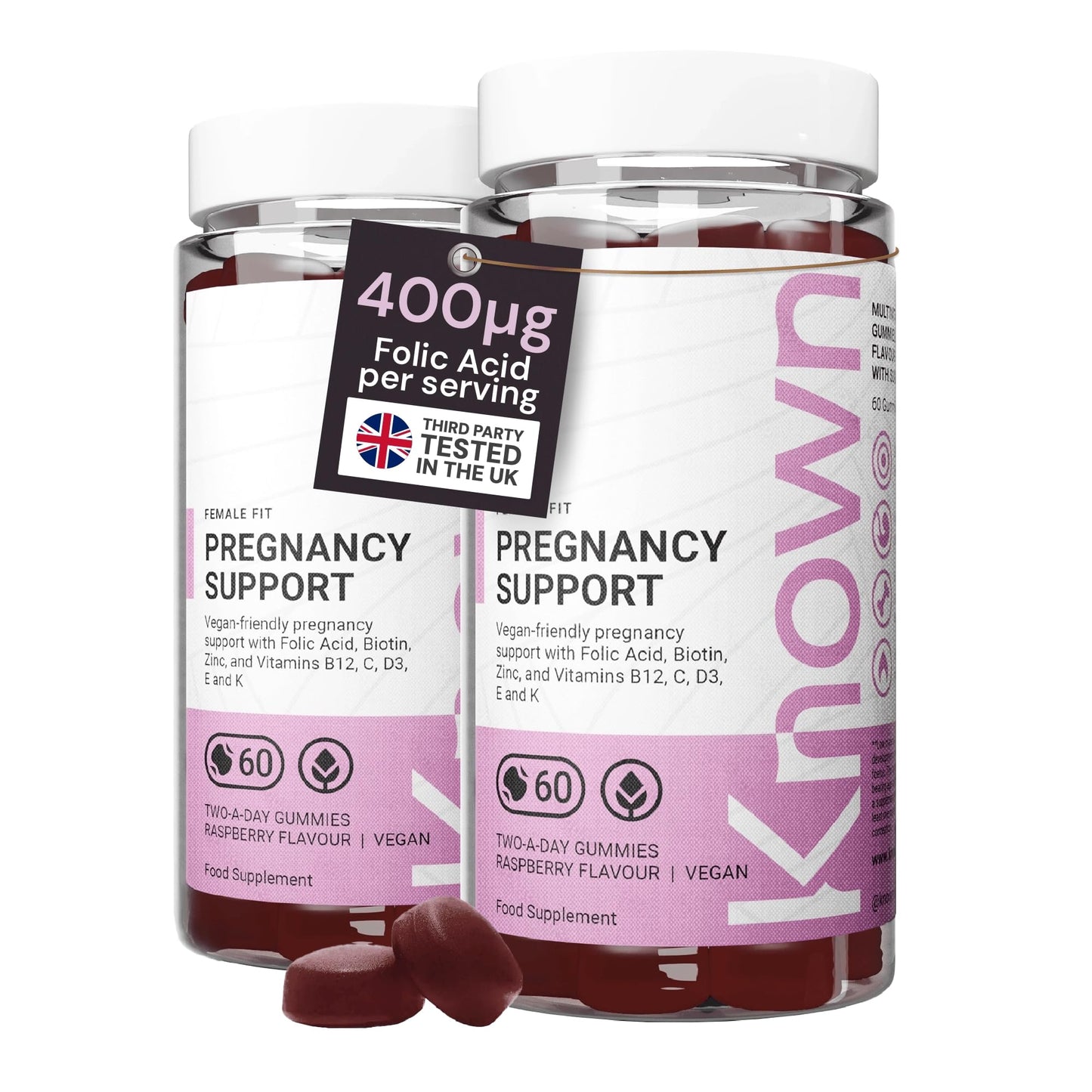 Known Pregnancy Support Gummies with 400mcg Folic Acid – Raspberry Flavour – Vegan Prenatal Multivitamin Gummy Supplement – with Vitamin D3, K, C, E, B12, Biotin & Zinc – 2 Month Supply