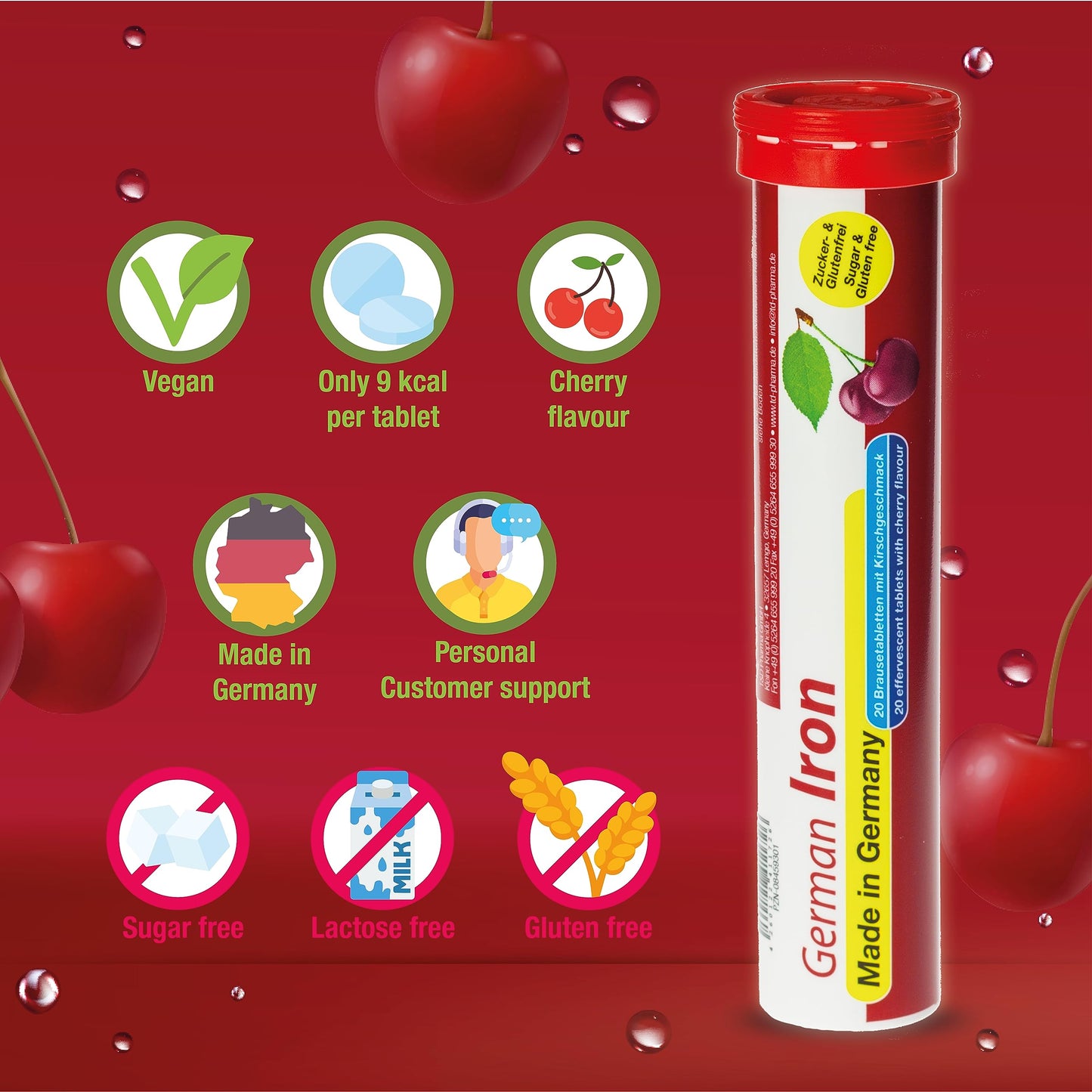 German Iron Drink Effervescent Tablets 60 Servings - Cherry Flavour – 14 mg Iron, Sugar Free, Vegan – T&D Pharma – Made in Germany