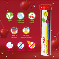 German Iron Drink Effervescent Tablets 60 Servings - Cherry Flavour – 14 mg Iron, Sugar Free, Vegan – T&D Pharma – Made in Germany