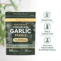 Odourless Garlic Capsules 15000mg | 365 Count | High Strength Garlic Oil | One Year Supply | No Artificial Preservatives | by Carlyle