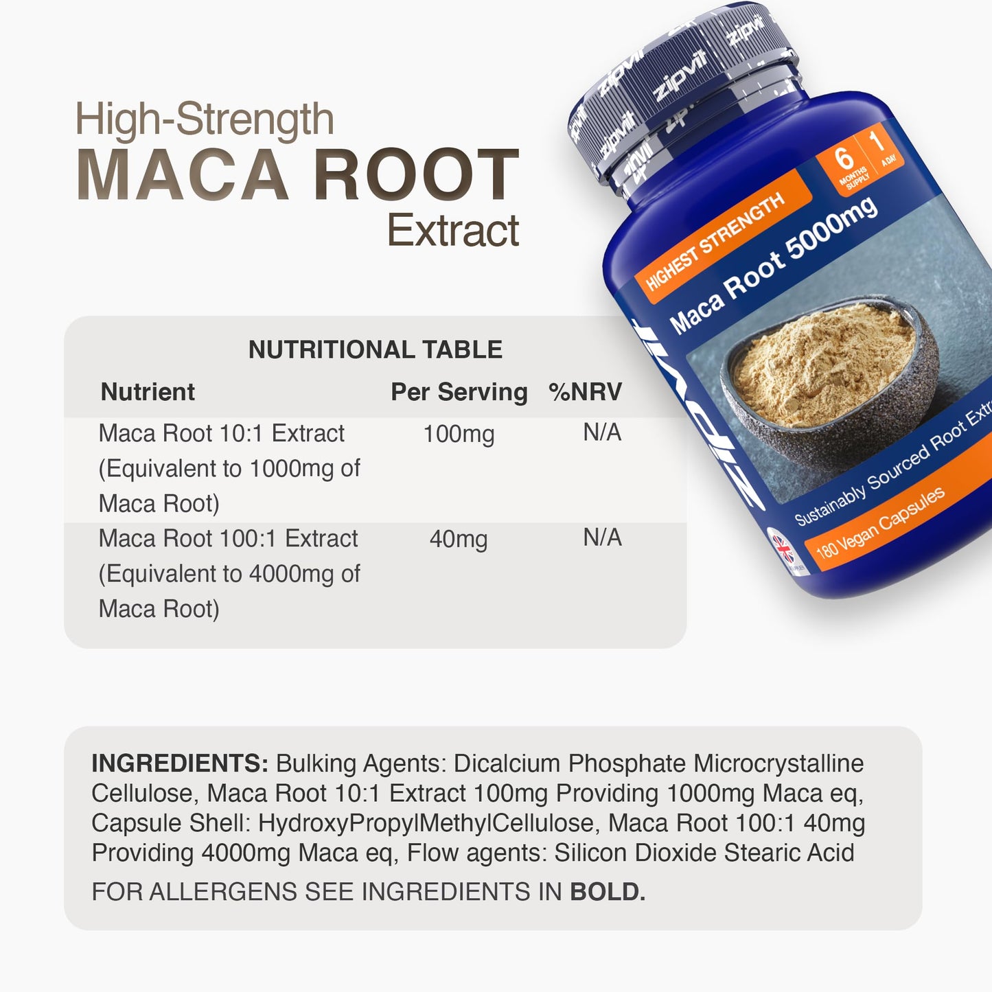 Zipvit Maca Root Capsules 5000mg, 180 Vegan Capsules, 6 Months Supply, Black & Yellow Maca Root Powder Extract