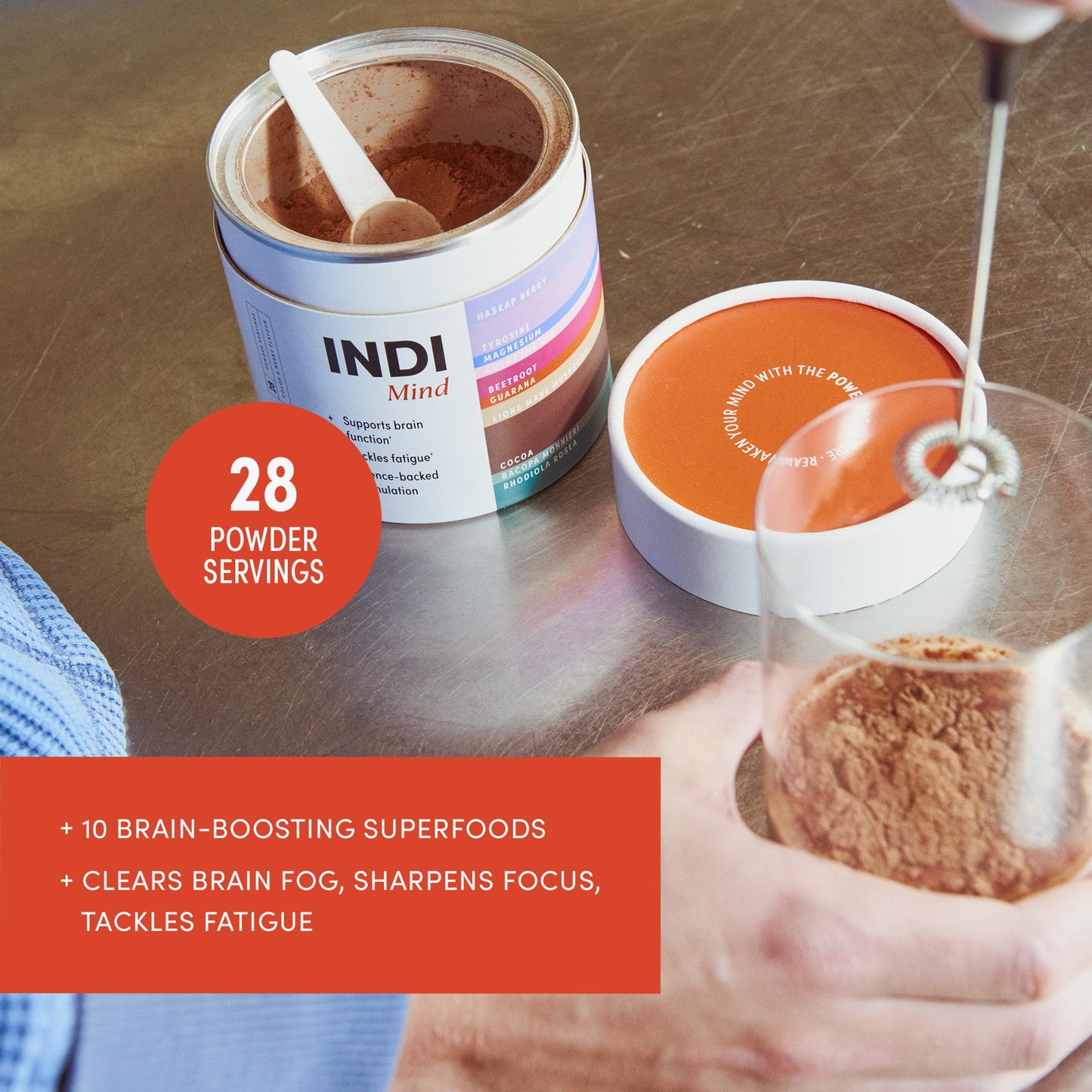 Indi INDI Lion's Mane Mushroom Powder Supplement – Nootropic Brain Support for Focus & Mental Clarity – 15:1 Extract with Magnesium, CoQ-10 & Rhodiola – Chocolate Flavour, Vegan & Made in UK – 28 Servings