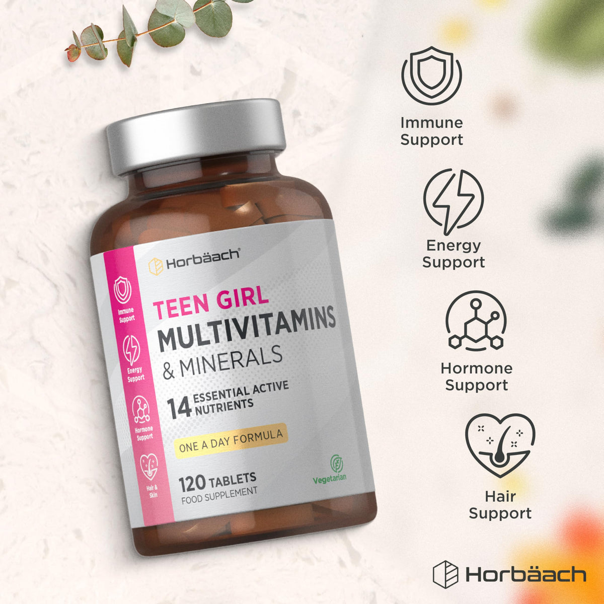 Horbäach Multivitamin Tablets for Teen Girls | 120 Count | 14 Essential A-Z Vitamins and Nutrients | with Iron, Vitamin B12, Folic Acid and Magnesium | Vegetarian | By Horbaach
