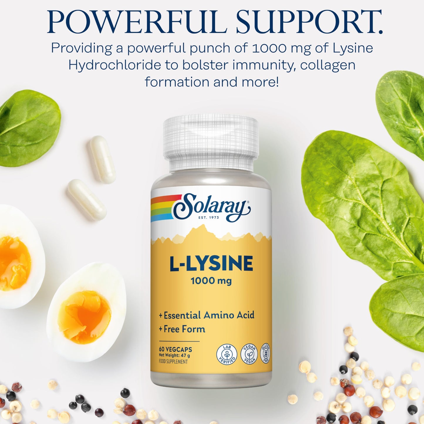 SOLARAY L-Lysine 1000mg - 60 Vegan Capsules not Powder - Double Strength l Lysine - Amino Acid Supplement - Non GMO & Lab Verified - Solaray