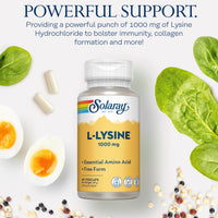 SOLARAY L-Lysine 1000mg - 60 Vegan Capsules not Powder - Double Strength l Lysine - Amino Acid Supplement - Non GMO & Lab Verified - Solaray
