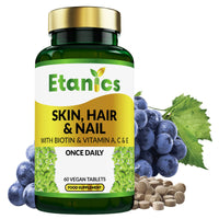 Etanics Skin, Hair & Nails with Biotin & Vitamins A, C & E – 60 Tablets Beauty Supplements with Vitamin C & Biotin for Men and Women – Vegan and Vegetarian – Etanics - Made in The UK