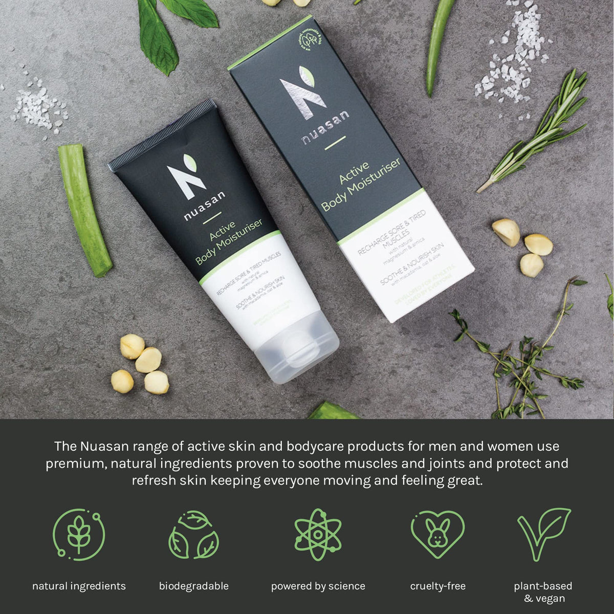 NUASAN Nuasan Active Body Moisturiser - Hydrating Cream with Magnesium and Arnica - Helps with Tired Muscles and Sore Joints, Workout Recovery - Intense Hydration, Natural Ingredients, Vegan Skin Care