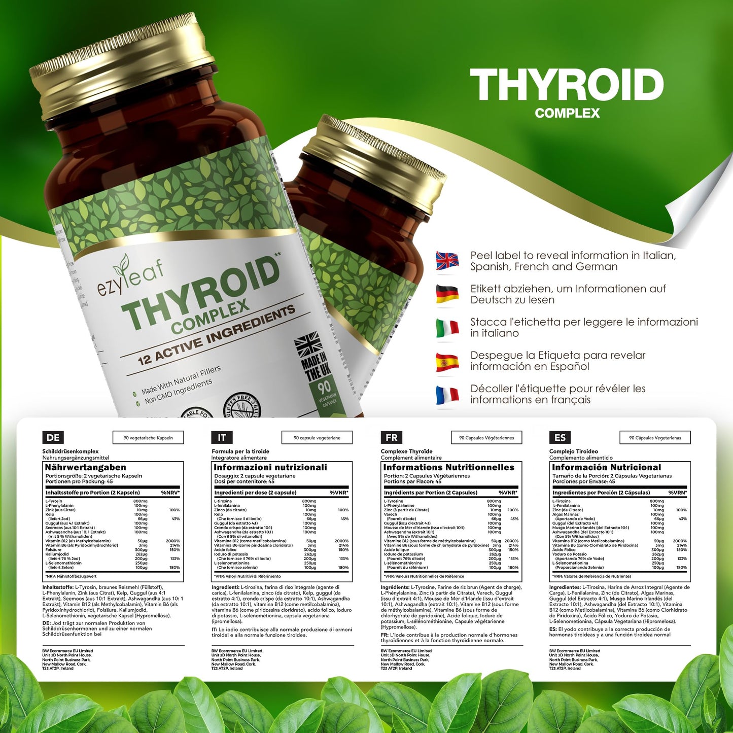 Ezyleaf Nutrition Ezyleaf Thyroid Complex | L Tyrosine Thyroid Support Supplement with Ashwagandha, Iodine, Zinc, Kelp, Sea Moss, Potassium Iodide, Guggul Extract & Selenium | 90 L-Tyrosine Capsules | UK ISO Certified