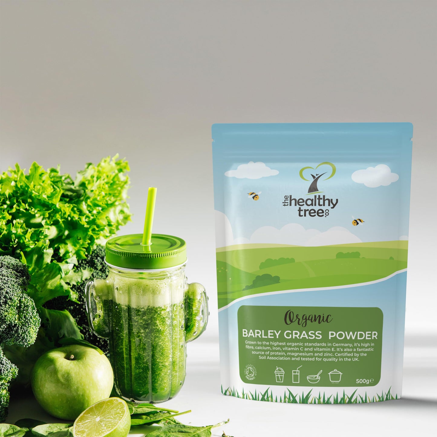 Organic Barley Grass Powder by TheHealthyTree Company - High in Calcium, Fibre, Iron and Vitamin C - Gluten Free Pure Vegan Barleygrass from Germany (500g)