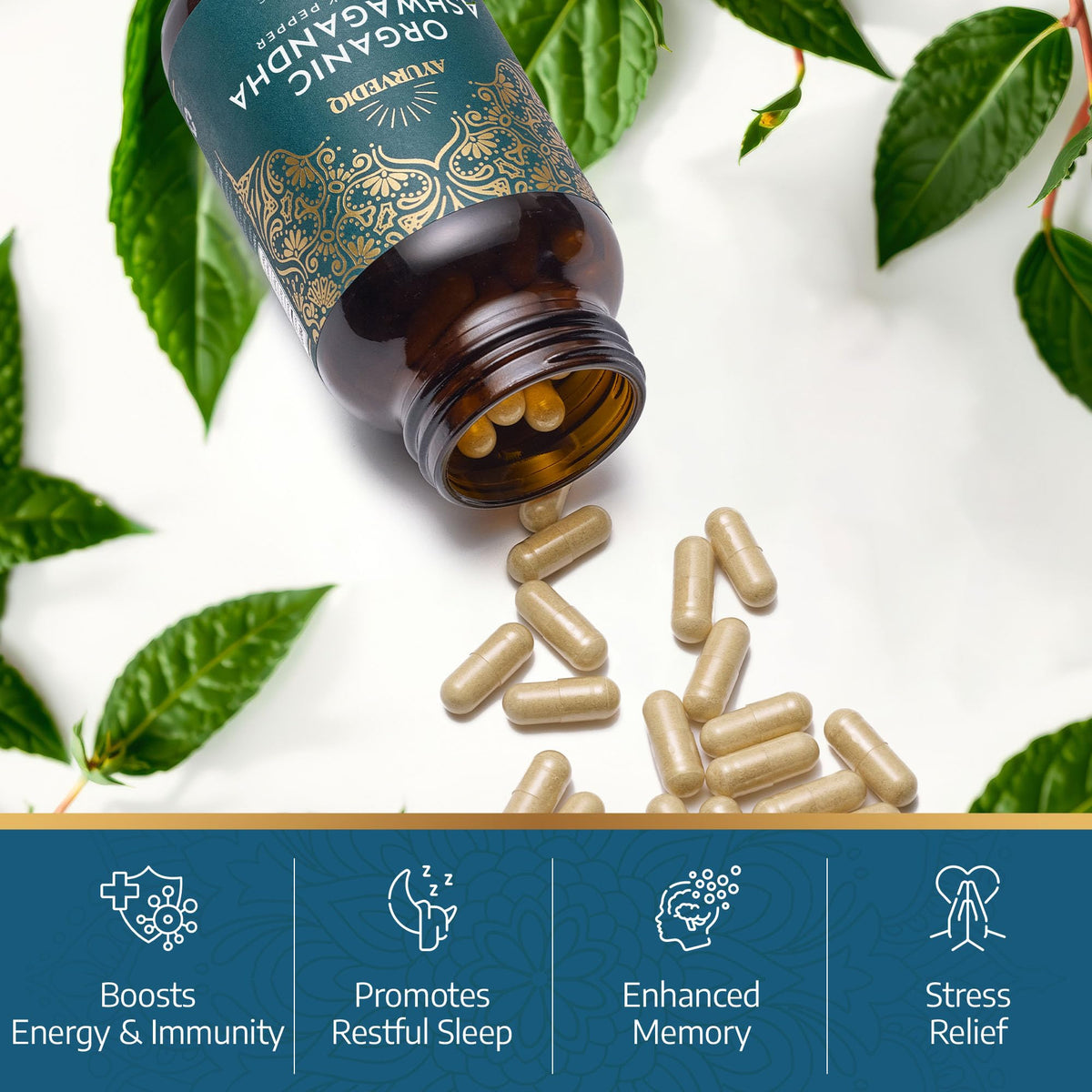 AYURVEDIQ WELLNESS Ayurvediq Wellness Organic Ashwagandha with Organic Black Pepper 650mg, 120 Capsules - Ashwagandha High Strength for Anxiety, Stress Relief for Adults, Better Sleep - Vegan Ayurvedic Products