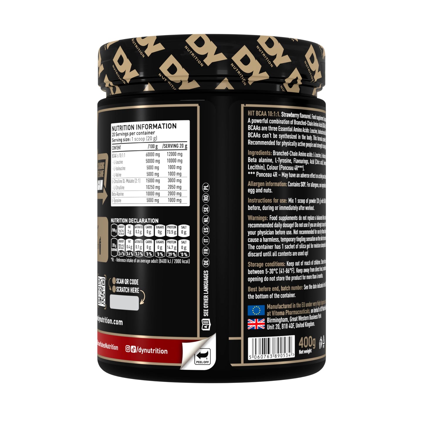 DY Nutrition HIT BCAA 10:1:1 400g, 20 Servings (Strawberry)