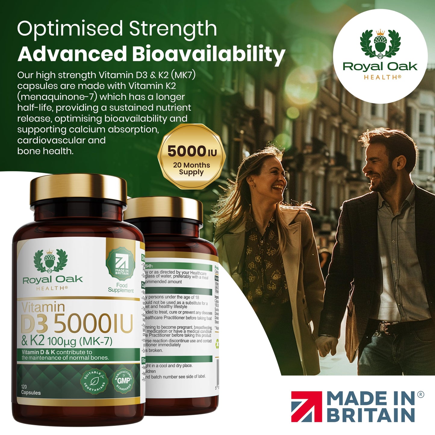 Vitamin D3 5000 IU & Vitamin K2 100mcg (MK-7) x120 Capsules - High Strength Vitamin D & K2 Supplement for Men & Women, Made in the UK by Royal Oak Health