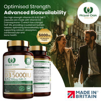 Vitamin D3 5000 IU & Vitamin K2 100mcg (MK-7) x120 Capsules - High Strength Vitamin D & K2 Supplement for Men & Women, Made in the UK by Royal Oak Health