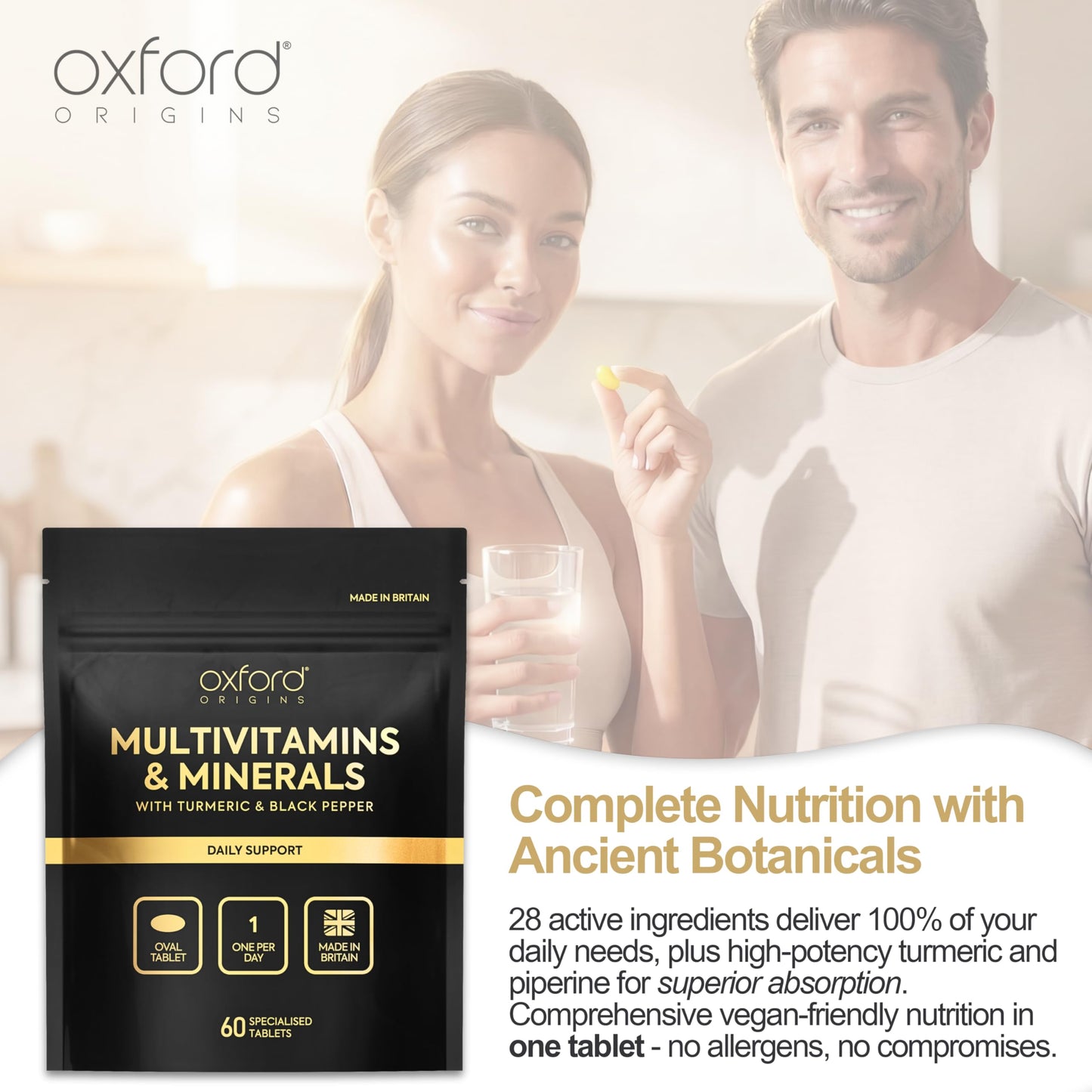 Oxford Origins Award Winning Multivitamins and Minerals Boosted with Turmeric | Made in The UK | Vegan Multivitamin Tablets for Women & Men | 100% NRV Multivitamin with 28 Key Nutrients (180 Count)