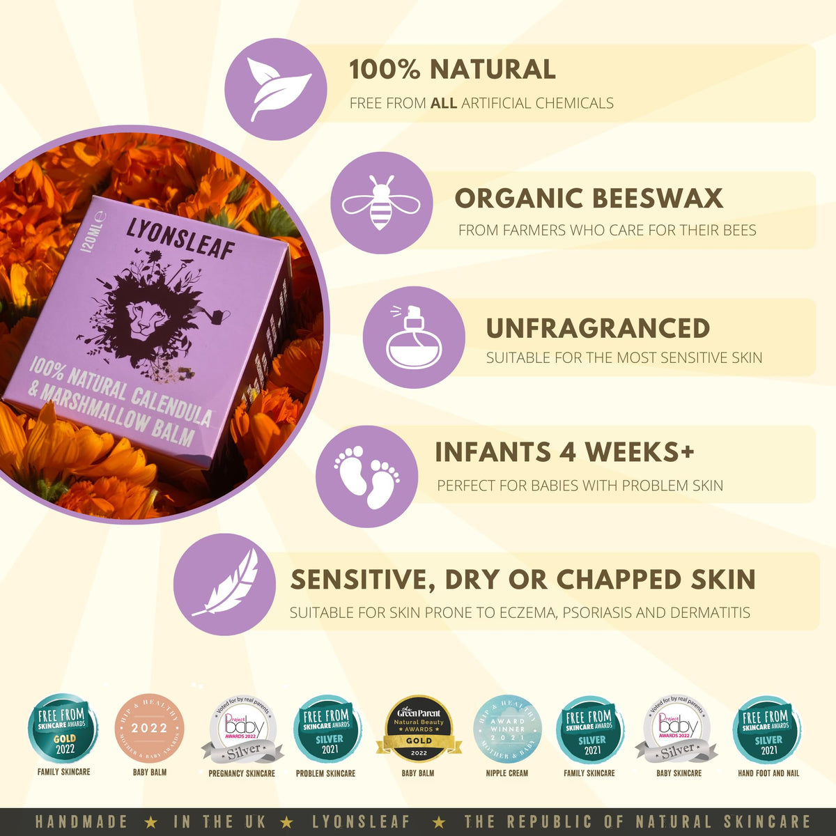 Lyonsleaf Calendula and Marshmallow Balm - 100% Natural Calendula Cream with Marshmallow Root - for eczema, psoriasis, dry, cracked, rough, hard or irritated skin 120ml