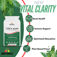 Lions Mane Mushroom Supplement High Strength 1500mg with Vitamin C - 120 Vegan Capsules with Alfalfa and Black Pepper Extract, 4 Month Supply Made in The UK -Focus & Immune Support - Britwell Health