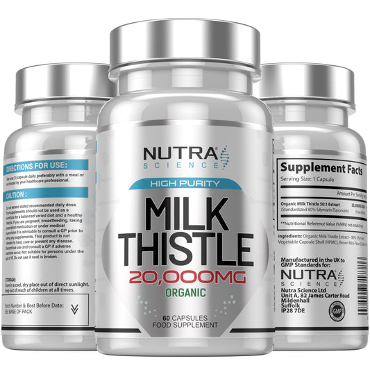 Nutra Science Organic Milk Thistle Supplement (80% Silymarin) 20,000mg – Milk Thistle High Strength Tablets, 60 Vegan Capsules