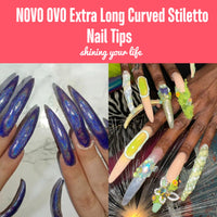 NOVO OVO 500 pcs Extra Long Curved Stiletto Nail Tips, XXL 2XL Sharp False Nails Extension for Acrylic, Clear Hawk Curve Eagle Claw Half Cover Gel x 10 Sizes Bag Packaging for Salon