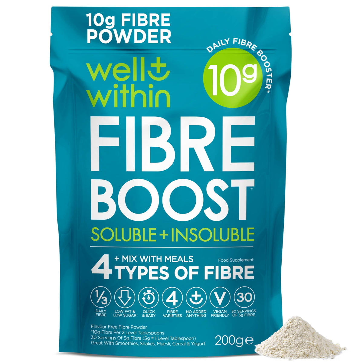 10g Fibre Supplement Powder, 1/3 NHS Daily Intake, 4in1 Insoluble & Soluble Fibre Powder (200g Bag, 30 x 5g Fiber) 4 Types of Fiber. Well Within. for Men, Women & Kids
