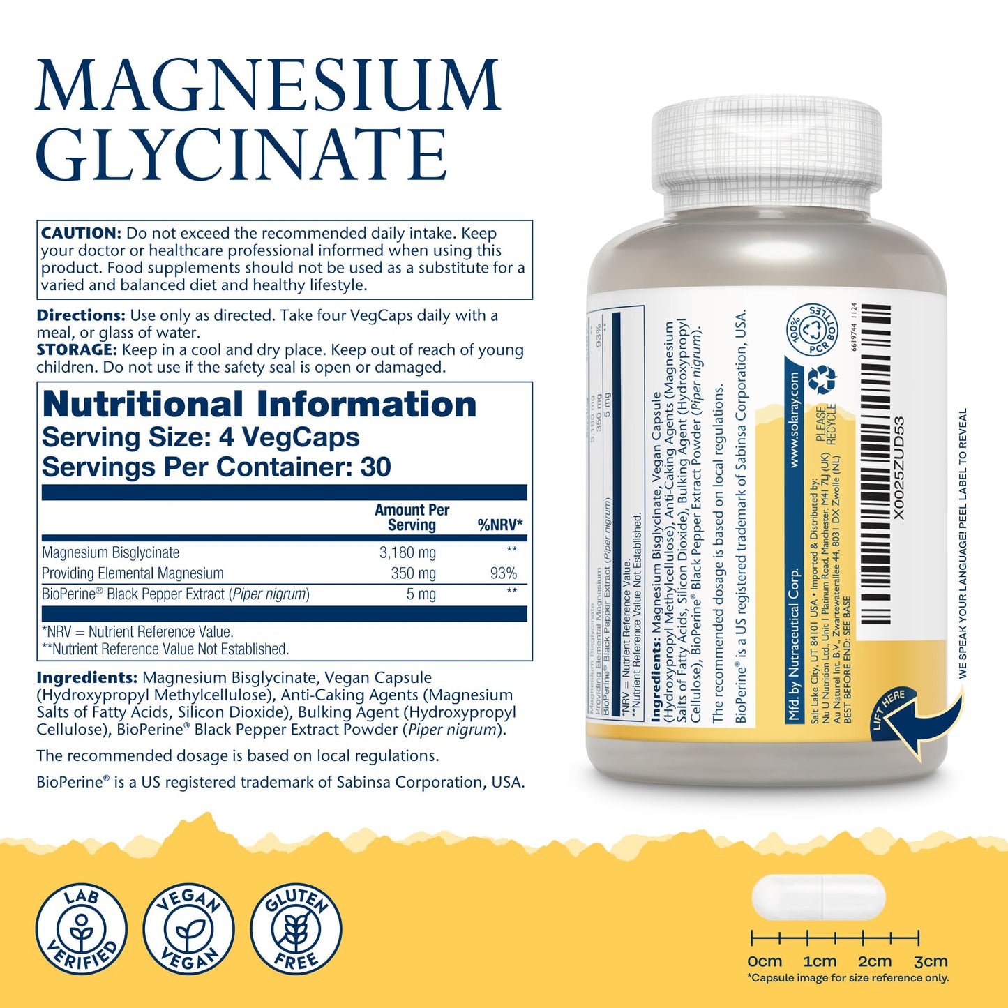 SOLARAY Magnesium Glycinate - 120 Vegan Capsules - High Strength Magnesium Bisglycinate Supplement - with Added Bioperine Black Pepper for Gentle Digestion - Lab Verified - Solaray