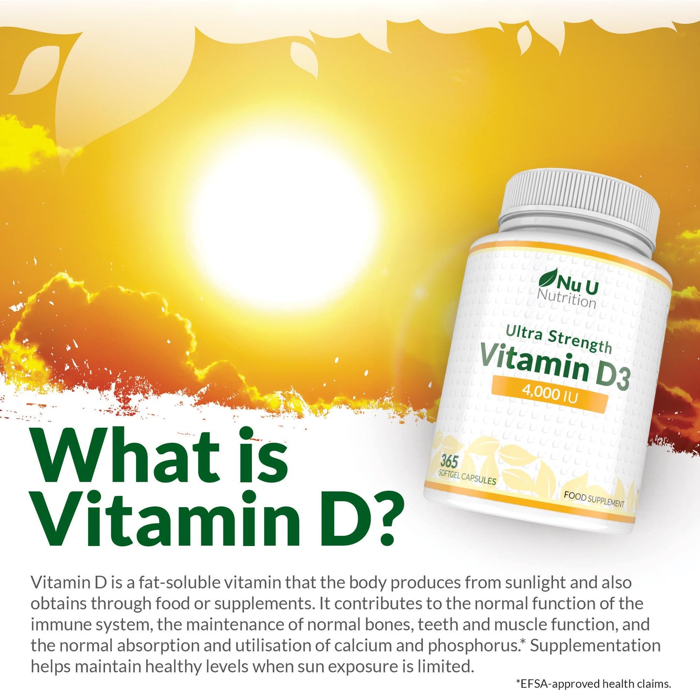 Nu U Nutrition - Vitamin D 4000IU - 365 Softgel Capsules not Tablets - 1 Year Supply - Quadruple Strength - Easy to Swallow - Cholecalciferol Form Vitamin D3 Supplement - Made in the UK
