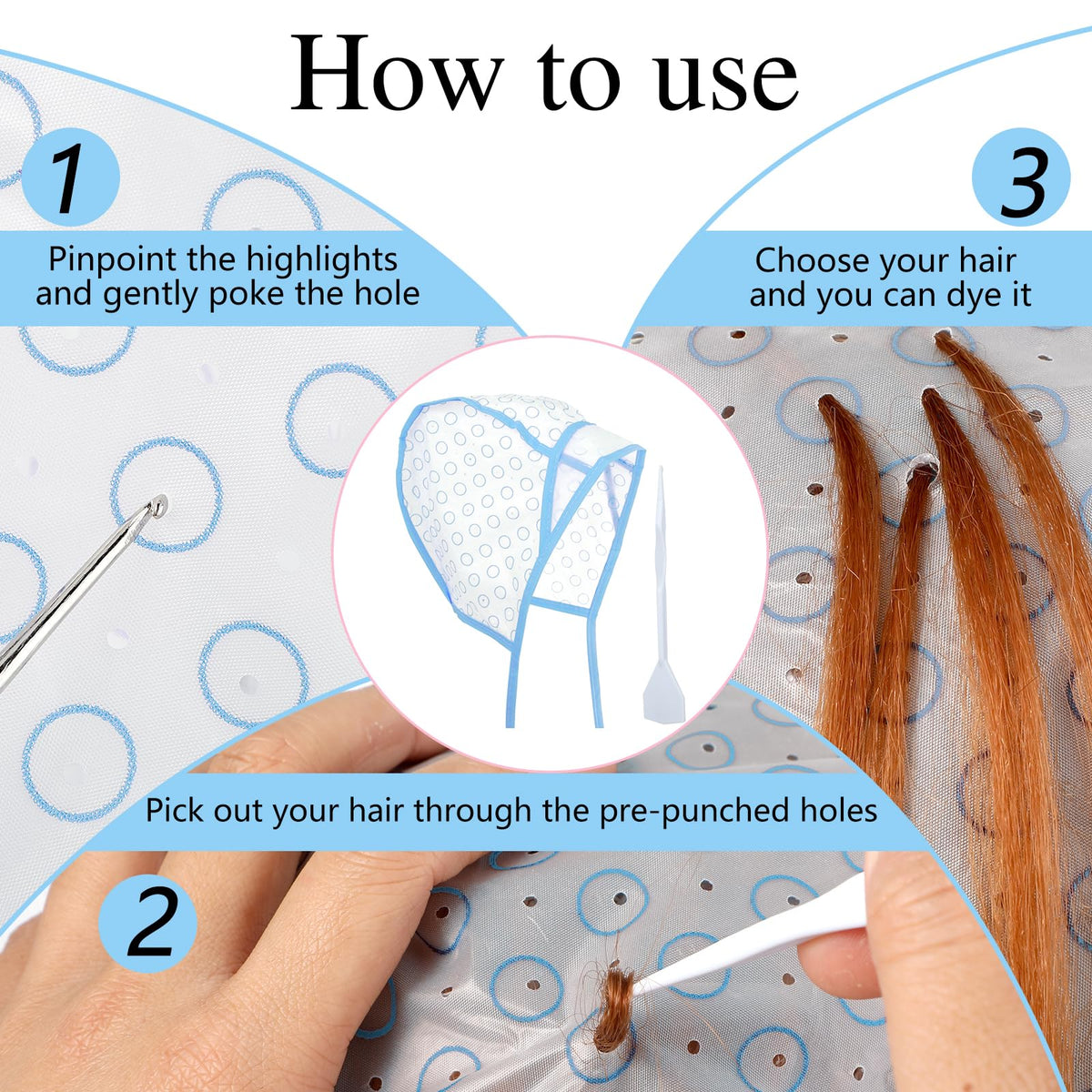Bewudy 12 Pcs 4 Sets of Highlight Cap with Hooks, Hair Highlighting Caps, Highlight Hair Coloring Frosting Dye Kit for Salon Hair Dyeing Hairdressing (Purple+Blue)
