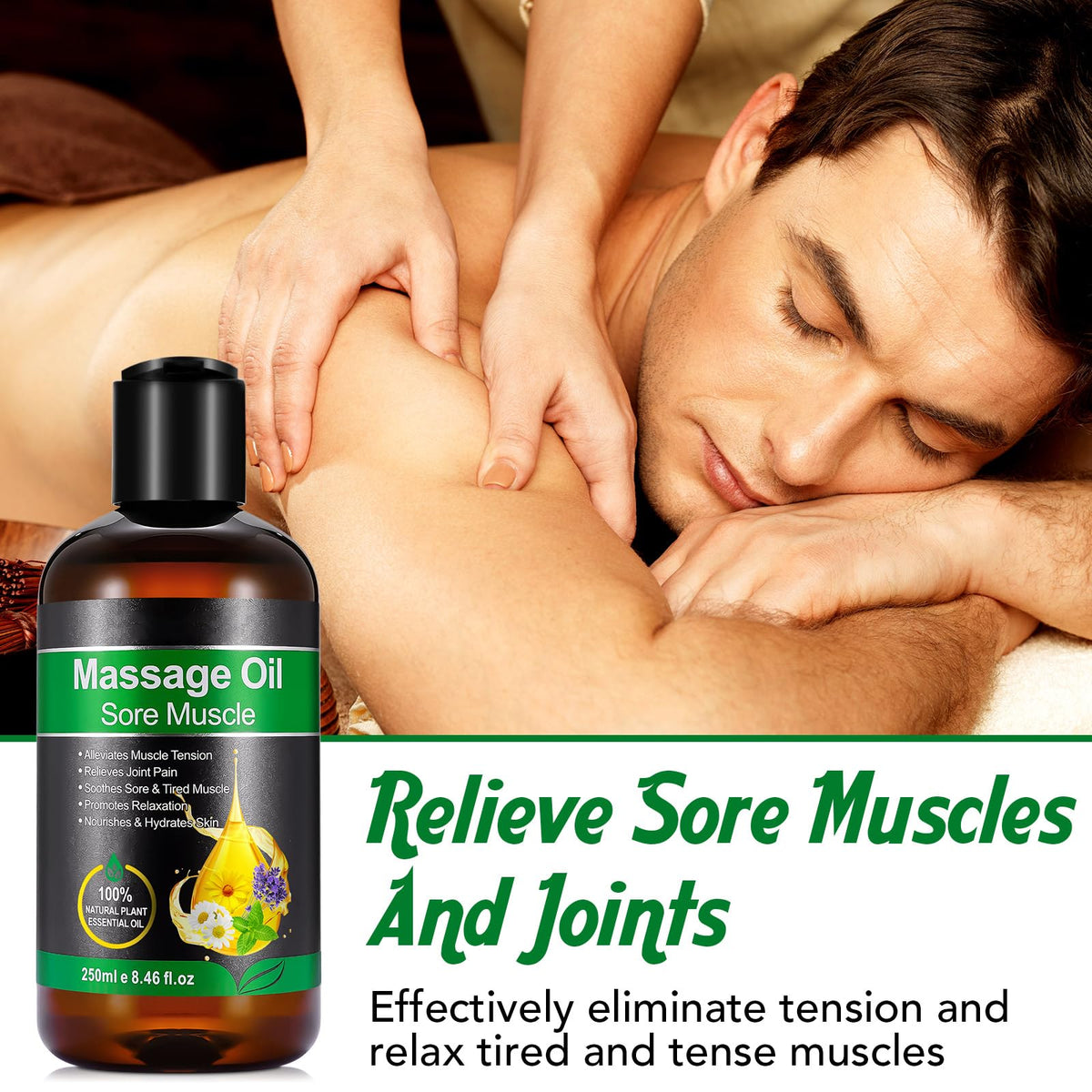 FSLHCY Massage Oil for Sore Muscle, Joint Pain Relief, 250ml Massage Oils for Massage Therapy Relaxing Moisturizing Body Oil for Men and Women