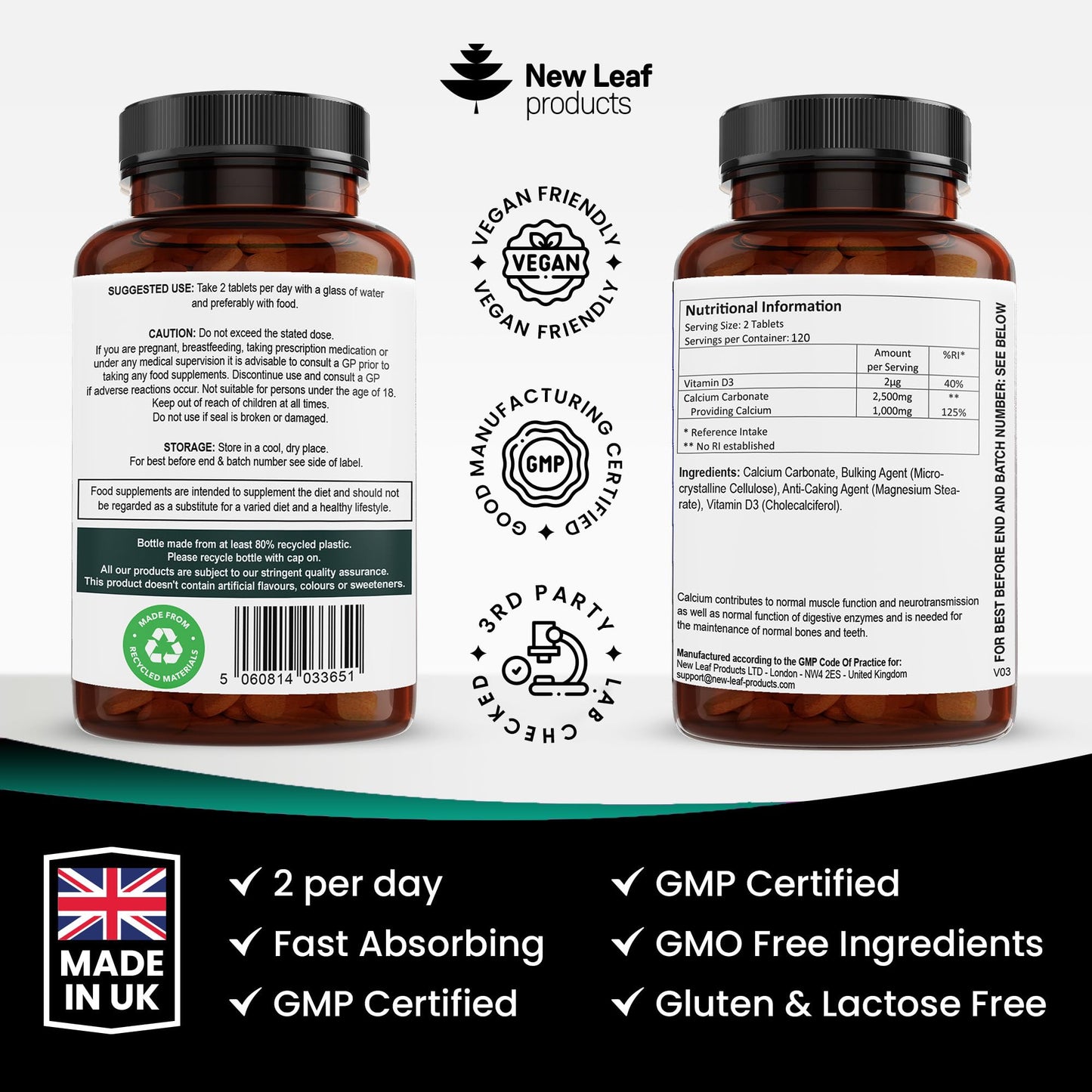NEW LEAF PRODUCTS Calcium and Vitamin D3 Tablets - Calcium Supplement - 240 High Strength Calcium Tablets Supplement Calcium Vitamin D3 Tablets - Calcium Complex Made in The UK by New Leaf