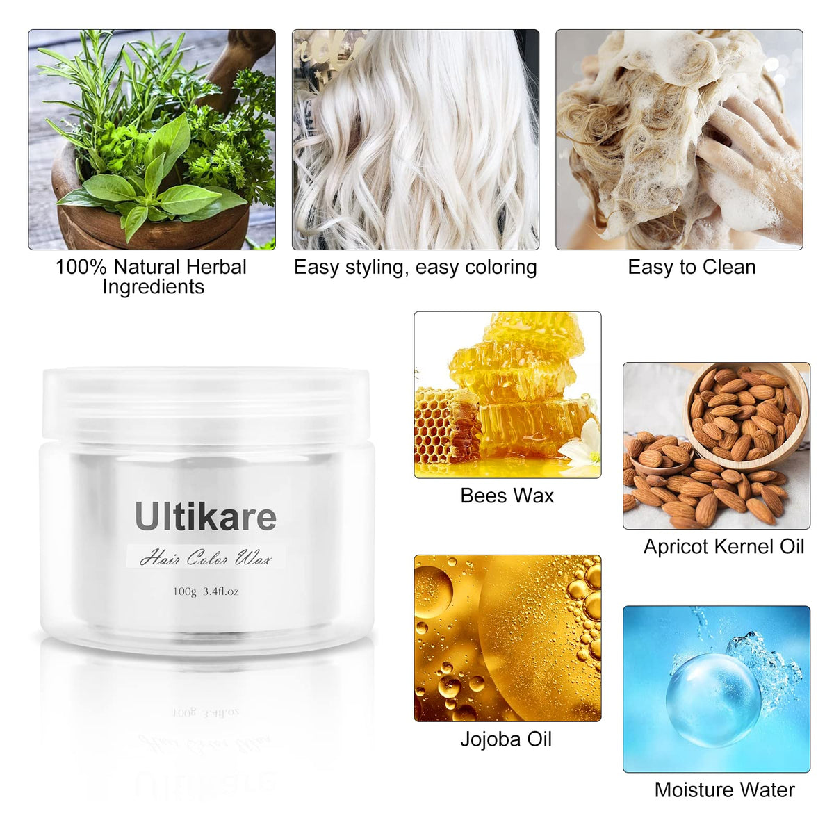 Ultikare Temporary Hair Colour Cream, Ultical Hair Colour Wax Temporary Hair Wax Colour Instant DIY Cosplay for Carnival Christmas Halloween Parties for Men and Women (White)