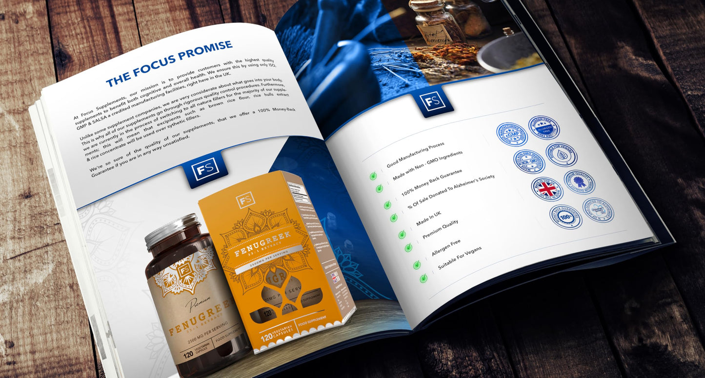 Focus FS Fenugreek | 120 High Strength Fenugreek Capsules - 2500mg (from 33:1 Extract) per Serving | Fenagreek Supplement | Non-GMO, Gluten & Allergen Free | Made in The UK