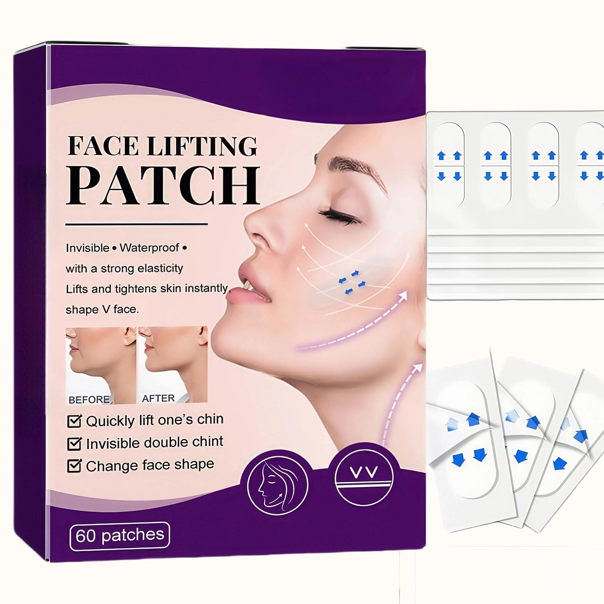 AurolaGlow 60pcs Invisible Face Lift Tape - V Edge Patches for Face- Waterproof And Instant Makeup Tool For Wrinkles. Anti-Wrinkle Patches For An Instant Face Lift