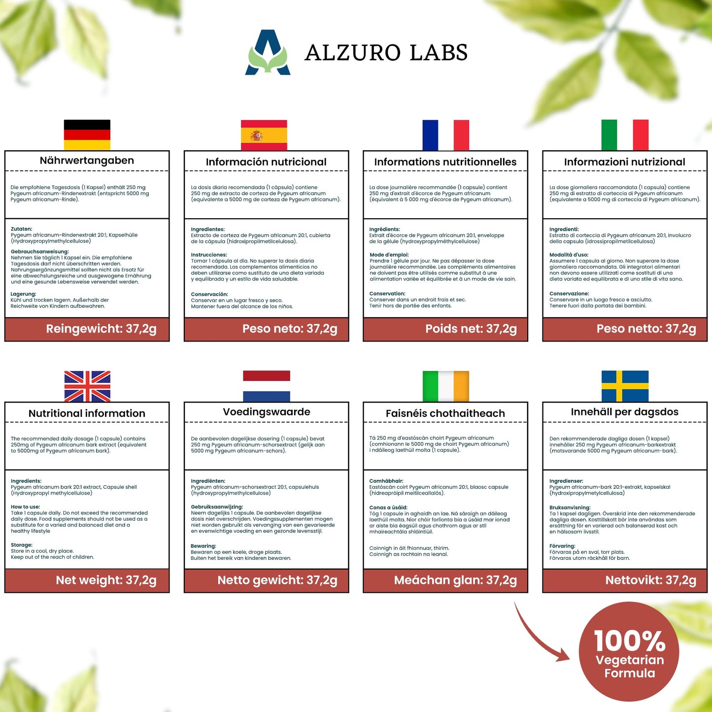 ALZURO LABS Alzuro Labs Pygeum Africanum | 5,000mg Equivalent | 250mg 20:1 Bark Extract (13% Phytosterols) | 120 Vegan Capsules | 4-Month Supply | Prunus africana | GMP & 3rd Party Lab Tested