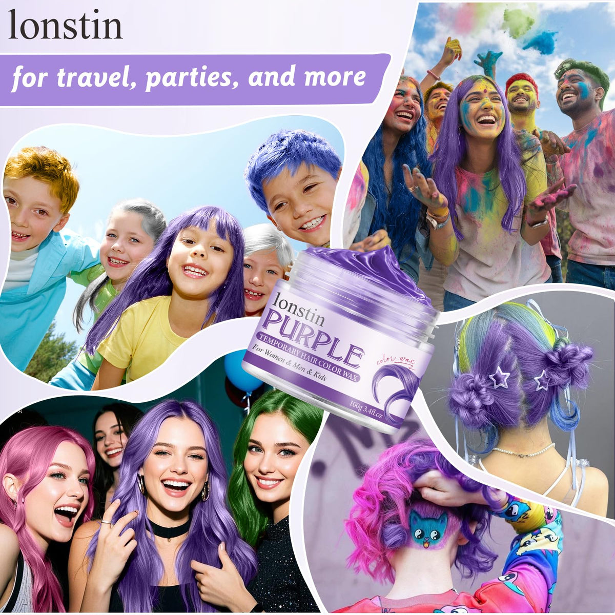 lonstin Purple Hair Colour Wax for Kids & Adults Temporary Hair Dye Wax 100g Wash Out, Non-Sticky Clay Mud Cream for Parties, Cosplay & Daily Fun