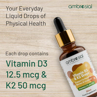AMBROSIAL Ambrosial Vitamin D3 + K2 Drops – High Strength Liquid Supplement for Adults & Kids – 500 IU Vitamin D3 + 50 mcg Vitamin K2 – Mango Flavour, Gluten Free, Non-GMO, Easy-to-Take Vitamin D Liquid – 30 ml