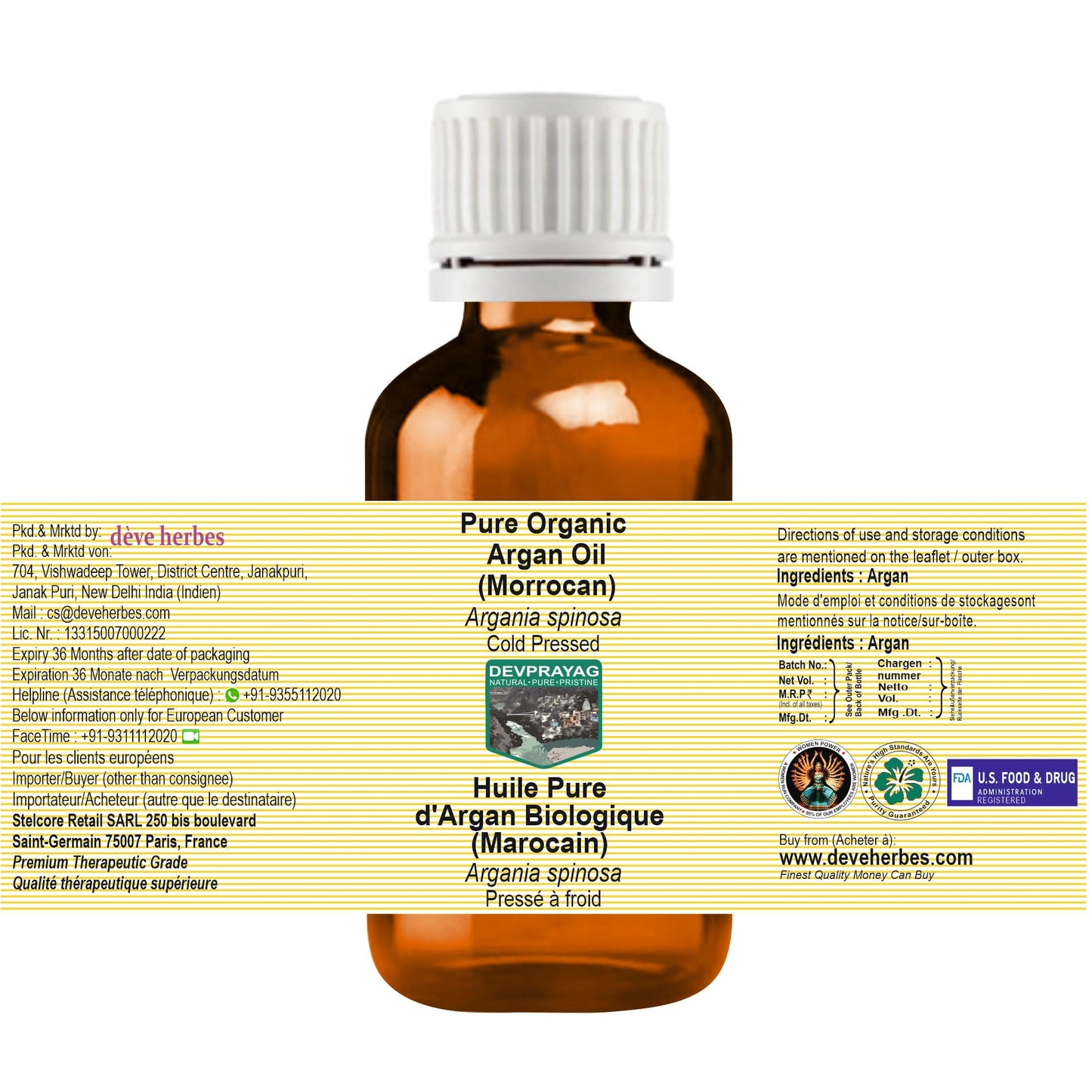 DEVPRAYAG Devprayag Pure Organic Argan Oil (Morrocan) (Argania spinosa) Natural Therapeutic Grade Cold Pressed 100ml (3.38 oz)