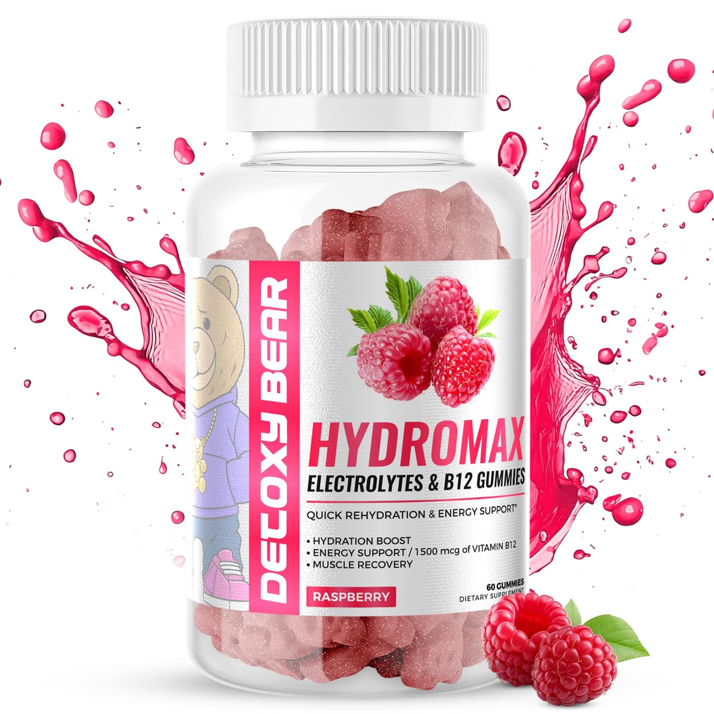 DETOXY BEAR LTD Hydromax Electrolytes Gummies – 60-Count Electrolyte and 1500mcg B12 Vitamin Gummies – Soft Chewable Gummies for Energy Support, Hydration Boost, Muscle Recovery