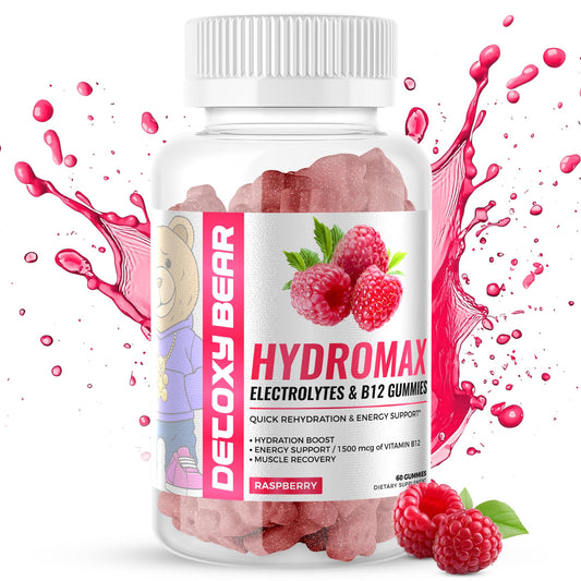 DETOXY BEAR LTD Hydromax Electrolytes Gummies – 60-Count Electrolyte and 1500mcg B12 Vitamin Gummies – Soft Chewable Gummies for Energy Support, Hydration Boost, Muscle Recovery