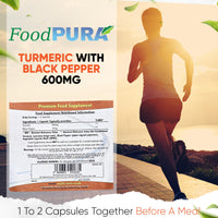 FoodPURA Turmeric with Black Pepper Capsules High Strength 600mg HACCP Certified, Manufactured in The UK by FoodPURA 1 Pack of 365 Capsules